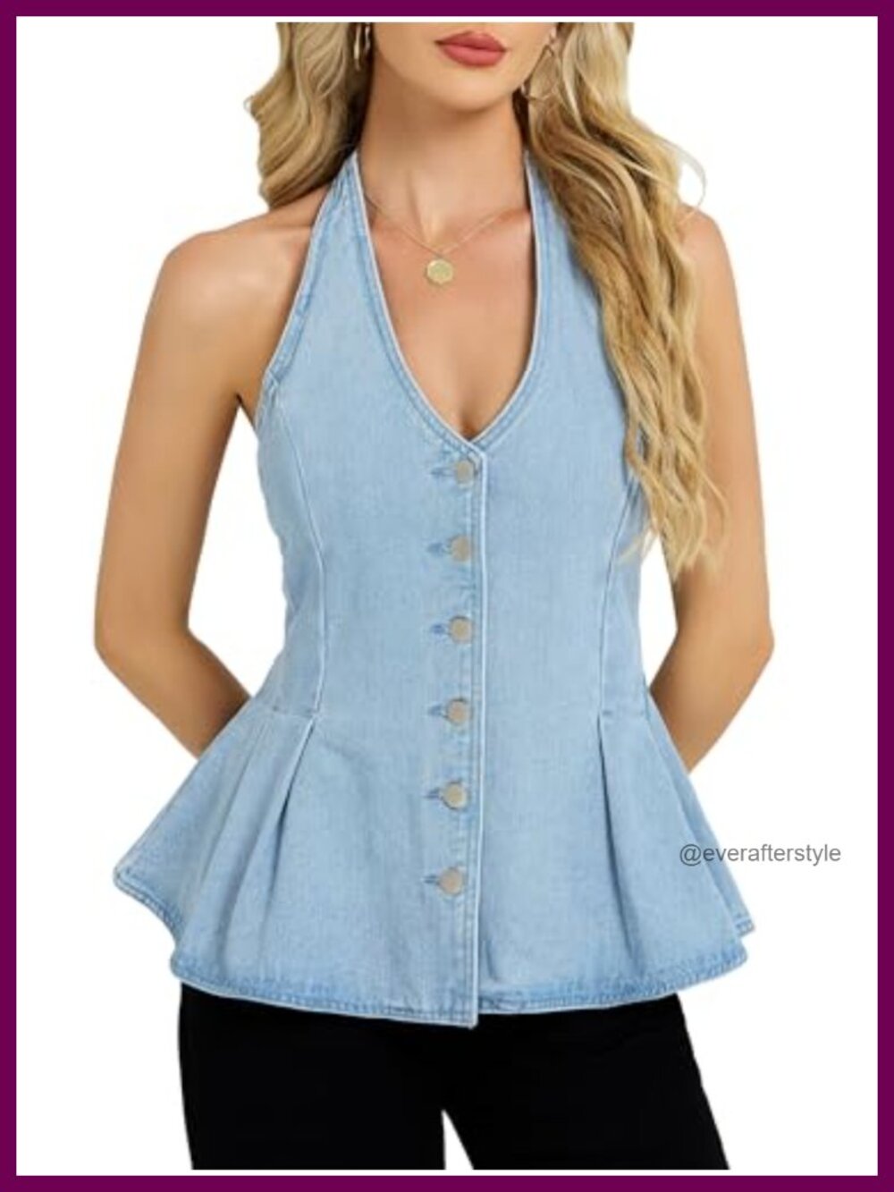 Denim Halter Vest Top Backless Ruffle Hem Peplum Sleeveless Button Down